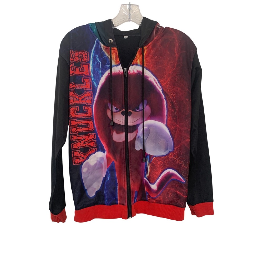Sonic the Hedgehog Knuckles Graphic Zip Up Hoodie Kids Size 16 Black Red Sega